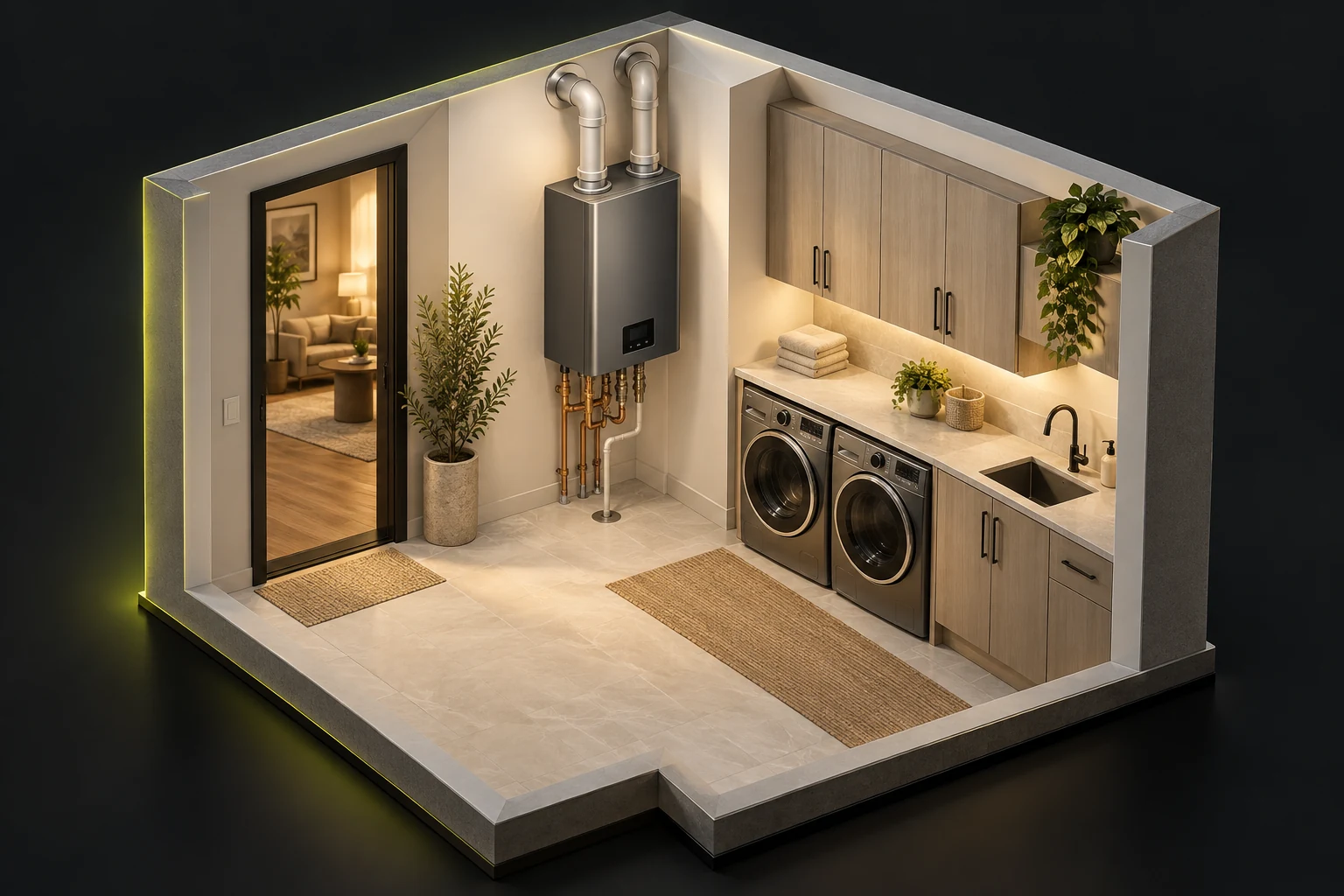 Conceptual architectural render of a compact wall-mounted tankless heater in a warm utility room